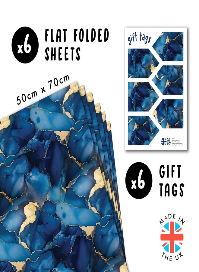 CENTRAL 23 Blue And Gold Wrapping Paper - 6 Sheets Of Elegant Gift Wrap - Marble Wrapping Paper - For Birthday Wedding Christmas Holiday - Comes With Stickers - Image 2